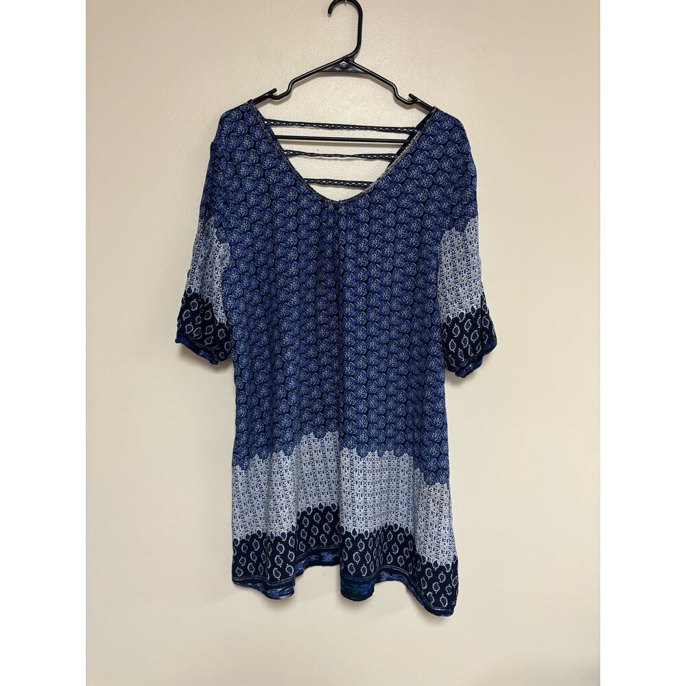 Velzera top blouse blue geometric paisley  short sleeves beaded boho size 3X